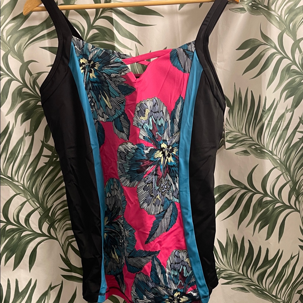 Cacique Pink And Black Floral Swim Top